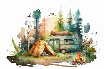 Watercolor camping concept art, caravan travel lifestyle illustration, generative ai - obrazy, fototapety, plakaty