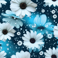 Aquamarine Beauty: White Flowers Blossoming on a Dark Blue Background