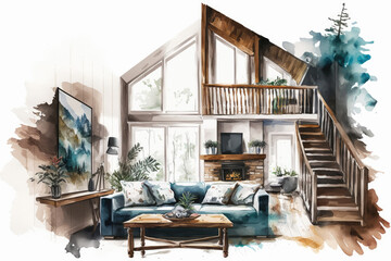 Watercolor house interior, architecture concept art, home furniture, apartment generative ai