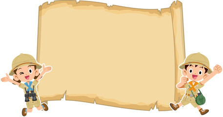 宝の地図のフレームとジャンプする子どもたち
