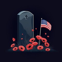 Memorial Day - illustration with usa flag and headstone, Generative ai