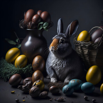 Grey Rabbit with Easter Eggs, Dark Tone