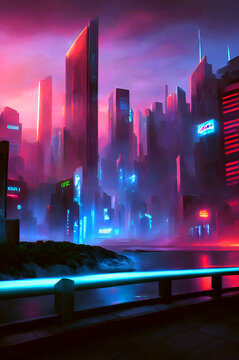 Cyberpunk City at Night by Water