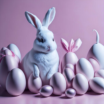 White Rabbit with Pink Pastel Eggs