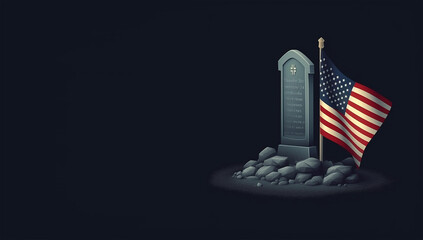 Memorial Day - illustration with usa flag and headstone with copy space, Generative ai