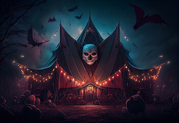 halloween haunted circus at night's end digital illustration. Generative AI - obrazy, fototapety, plakaty