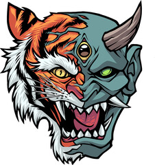 tiger with half demon mask mascot logo