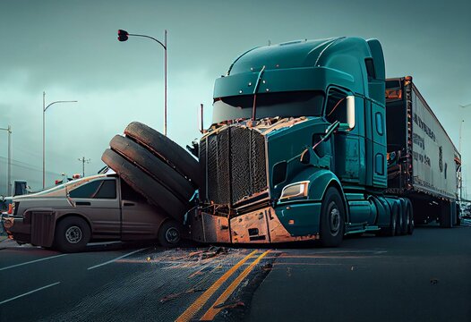 Intersection accident involving a car and a big rig semi truck with tank semi trailer. Generative AI