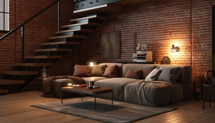 Industrial Style Loft Livingroom With Brick Wall, Industrial Staircase, and Comfortable Couch, Generative AI