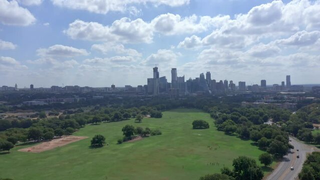 Austin Texas Aerial Establishing push shot from Zilker Park