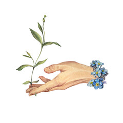 Fototapeta na wymiar Watercolor outstretched human hand with blue flower and green leaves isolated on white background. Hand-drawn gesture of help or kindness with forget me not. Clipart for cosmetic, celebration wedding