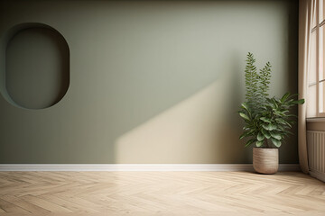 Fototapeta na wymiar Room with green and beige walls with wooden floors and plants. Generative Ai.