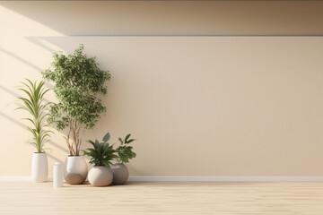 Fototapeta na wymiar Plants against a beige wall mockup. Generative Ai
