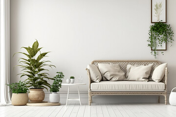 Home Interior mockup with wicker rattan and beige sofa. Generative Ai.