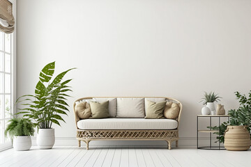 Home Interior mockup with wicker rattan and beige sofa. Generative Ai.