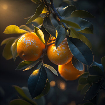 Close-up de laranjas no galho da &aacute;rvore com a luz do sol refletindo nelas.