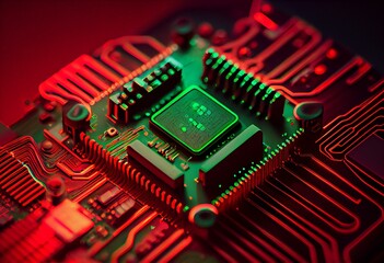 Image of neon integrated circuit on red and green background. Generative AI