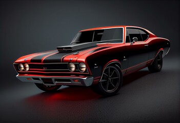 Fototapeta na wymiar 3D render of a red and black retro American muscle car isolated on transparent background. Generative AI