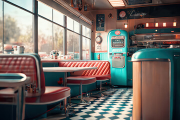 Classic American diner in vintage 50s style. Nostalgic interior with old-fashioned tiled walls and red vinyl booths. Generative AI