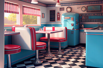 Classic American diner in vintage 50s style. Nostalgic interior with old-fashioned tiled walls and red vinyl booths. Generative AI