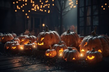 Halloween spooky background, scary pumpkins with smoke in old big creepy ghosts house inside big empty foggy room. Creepy october dark smoky mysterious backdrop concept. Generative Ai.