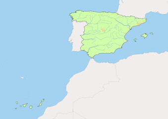 High detailed vector Spain physical map, topographic map of Spain on white with rivers, lakes and neighbouring countries. 