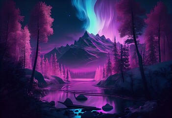 Fototapeta na wymiar Abstract of aurora in fantastic forest with magical purple light. Concept of polar scape with mountain and river Scandinavian on northern pole. Finest generative AI