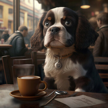 sitting dog drinking coffee