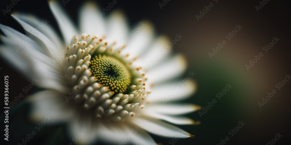 Poster image of a white bloom taken up close and with selective focus. generative ai