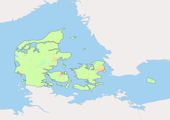 High detailed vector Denmark physical map, topographic map of Denmark on white with rivers, lakes and neighbouring countries. 