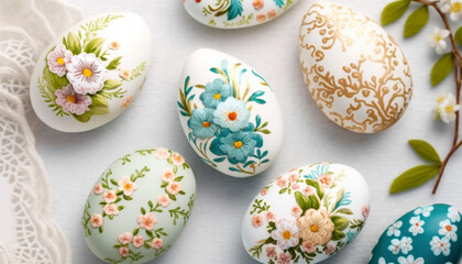 Top view of Ester egg painted in beautiful flowers on white table background 