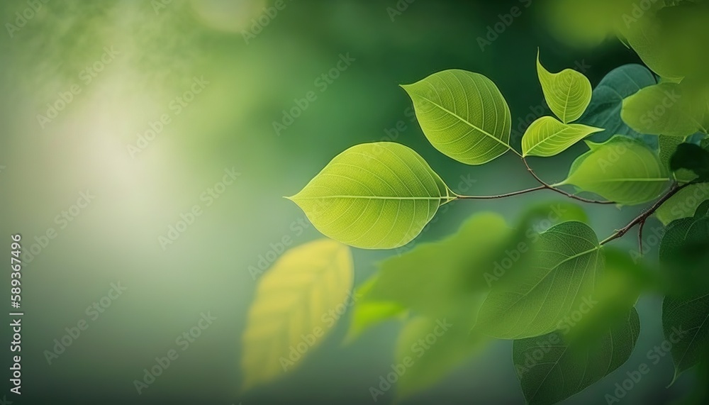 Poster image of a green leaf up close against a hazy green garden backdrop, suitable for use as a backgroun