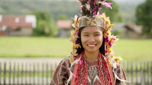 Smiling young asian female in costume, ethnic tradition and culture in Asia
