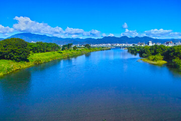 Fototapeta na wymiar 京都桂川、阪急京都線の桂川橋梁から見た北側の風景 