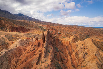 Aerial view of beautiful landscape of Skazka canyon, famous destination in Kyrgyzstan - 589368044