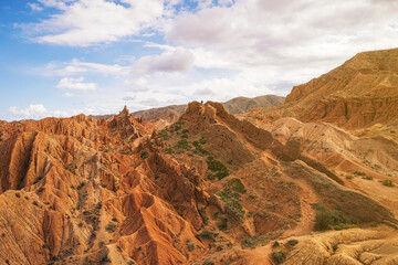 Aerial view of beautiful landscape of Skazka canyon, famous destination in Kyrgyzstan - 589368045