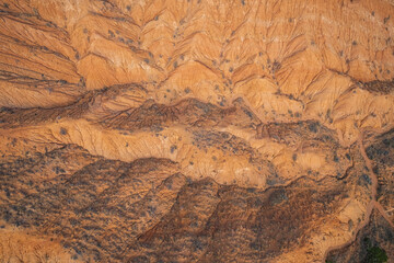 Aerial view of beautiful landscape of Skazka canyon, famous destination in Kyrgyzstan
