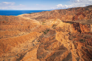Fototapeta na wymiar Aerial view of beautiful landscape of Skazka canyon, famous destination in Kyrgyzstan