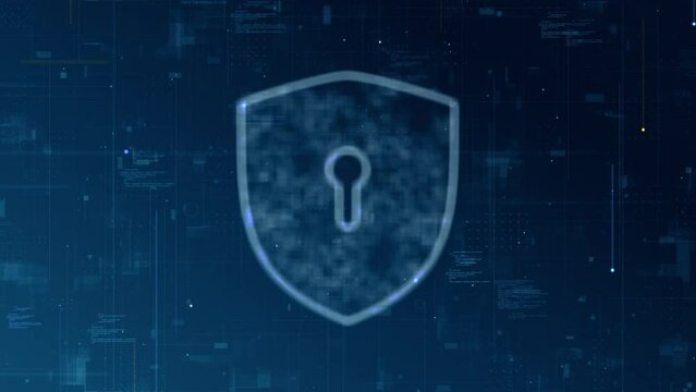 Motion graphic of Blue secure logo for network security technology and authentication firewall system and data access with digital grid line abstract background concept camera zoom seamless loop video