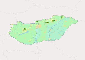 High detailed vector Hungary physical map, topographic map of Hungary on white with rivers, lakes and neighbouring countries. 