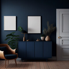 Mockup frame on cabinet in dark blue Scandinavian living room.
