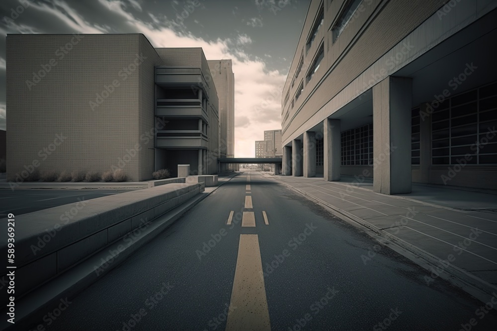 Poster an empty street in front of a deserted building. generative ai