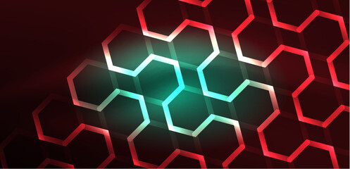 Abstract background techno neon hexagons. Hi-tech vector illustration for wallpaper, banner, background, landing page, wall art, invitation, prints, posters