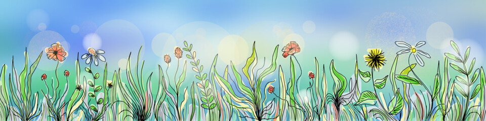 Fototapeta na wymiar Hand drawn wild grass and flowers against the blue sky, bright spring meadow, vector illustration