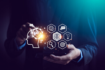 Chat with AI or Artificial Intelligence technology, business use AI smart technology by inputting,...