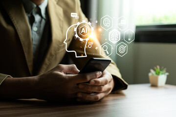 Chat with AI or Artificial Intelligence technology, business use AI smart technology by inputting, deep learning Neural networks to understand, respond to user inputs. future technology