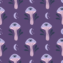 Mystical vector seamless pattern with trippy mushrooms, moon. Hand drawn fantasy fungi vector illustration. Psychedelic background with whimsical print for fabric, wrapping, digital paper.