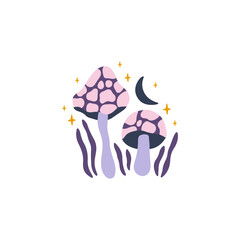 Mystical poster with mushroom agaric, moon, floral elements. Fantasy fungus vector illustration. Magical fairy clipart isolated on white. Whimsical forest plant.