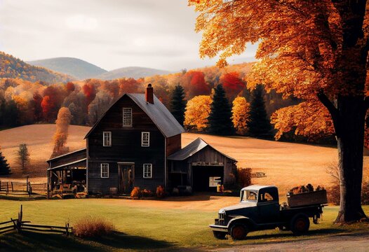 Rustic farm scene in rural vermont during autumn with fall colors changing and a bountiful harvest and a traditional American scene depicting home for the holidays. Generative AI
