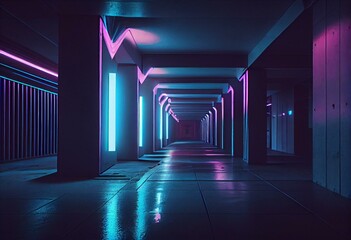 Neon Club Dance Night Tunnel Corridor Sci Fi Futuristic Pillars GLowing Purple Blue On Concrete Grunge Floor Spot lIghts Hallway Garage 3D Rendering. Generative AI